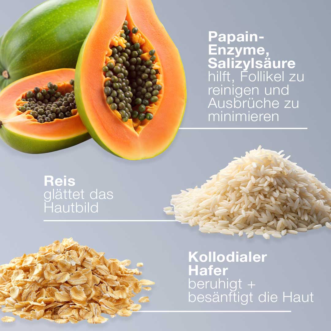 Papaya, Reis und Hafer verschmelzen mit einem hautaufhellenden Komplex in der Formel des Daily Microfoliant | Gesichtspeelings. Der deutsche Text betont die Vorteile für die Haut wie Reinigung, Glättung und Beruhigung. Ideal als sanftes tägliches Enzympulver oder pflegendes Gesichtspeeling.